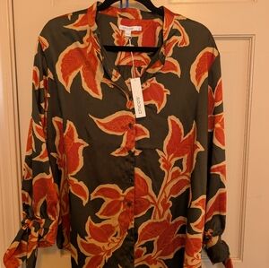 Chico's Women's Black and Orange Leaf Print Top